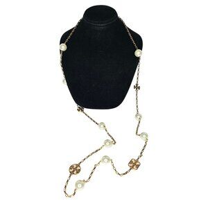 TORY BURCH Gold-Plated Logo & Pearl Station Long Necklace